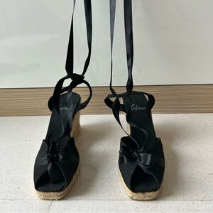 Castañer Black Espadrille Wedge Sandals with Silk Ribbon Tie